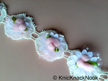 Off White Cotton Embroidery And Fabric Flower Trim With Satin Green Leaves And Pink Pompom, Approx. 40mm - 200317L33